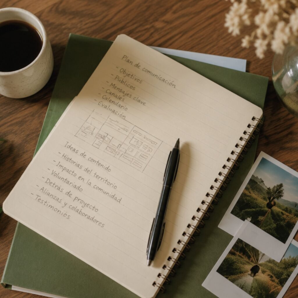 Cuaderno con un plan de comunicación junto a un café y fotografías