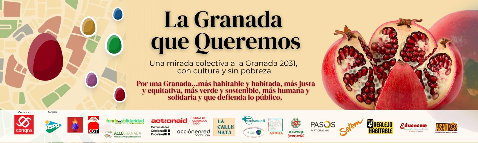 Cartel de La Granada que Queremos: una mirada colectiva a la Granada 2031, con cultura y sin pobreza, con los logos de CONGRA y las entidades participantes